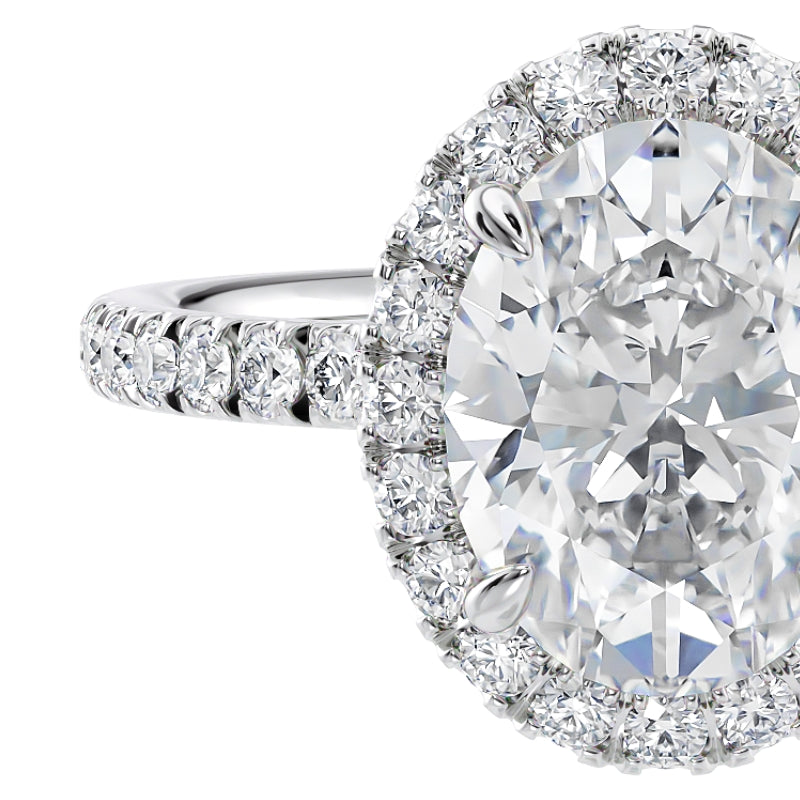 2 carat lab grown diamond halo engagement ring in white gold.