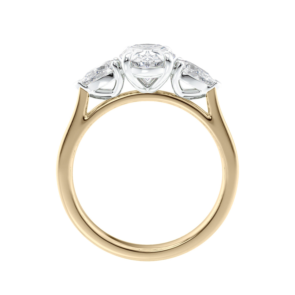 Oval natural diamond 3 stone engagement ring with pear shaped side stones 18ct gold side view.