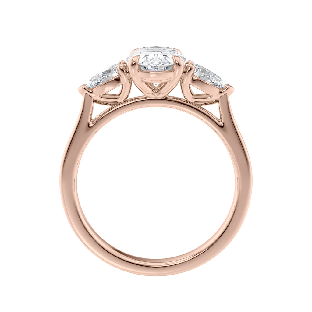 Oval natural diamond 3 stone engagement ring with pear shaped side stones 18ct rose gold side view.