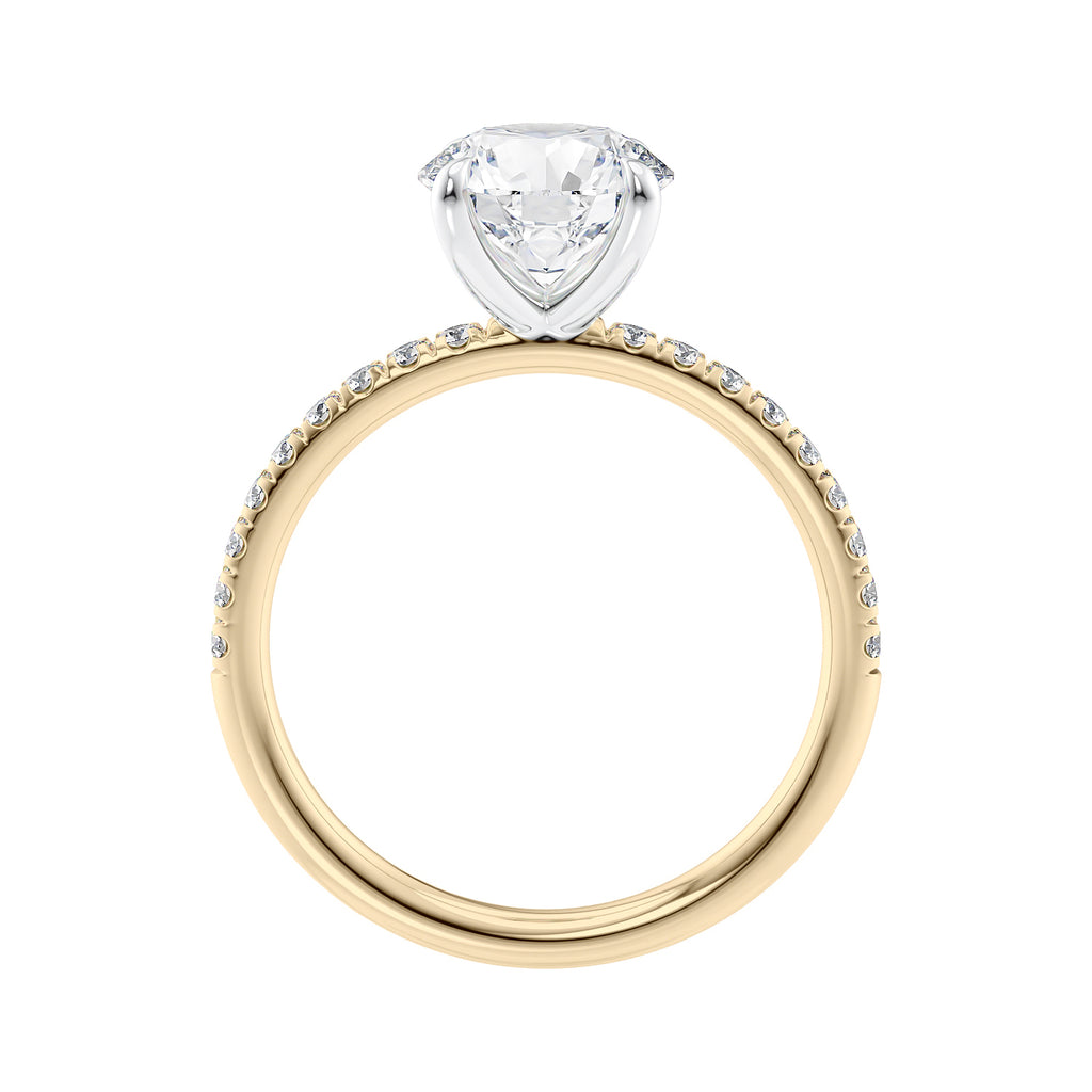 1.50 carat laboratory grown diamond solitaire engagement ring with diamond band gold side view.