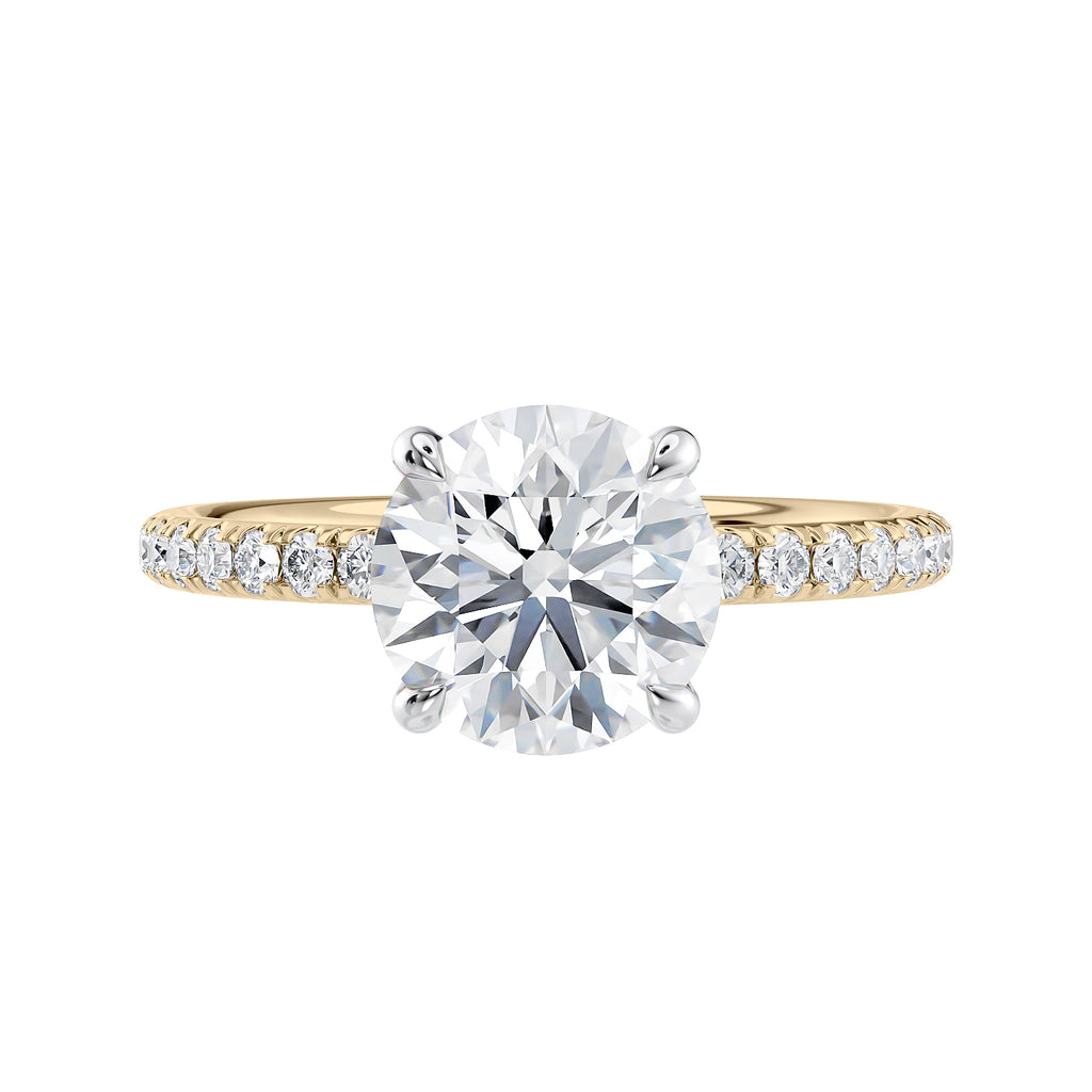 1.50 carat laboratory grown diamond solitaire engagement ring with diamond band gold front view.