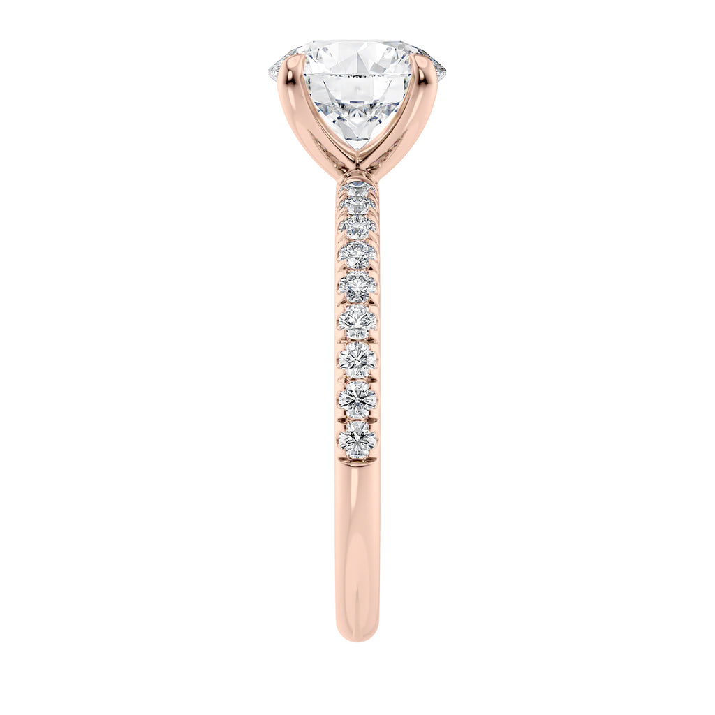 1.50 carat laboratory grown diamond solitaire engagement ring with diamond band rose gold end view.