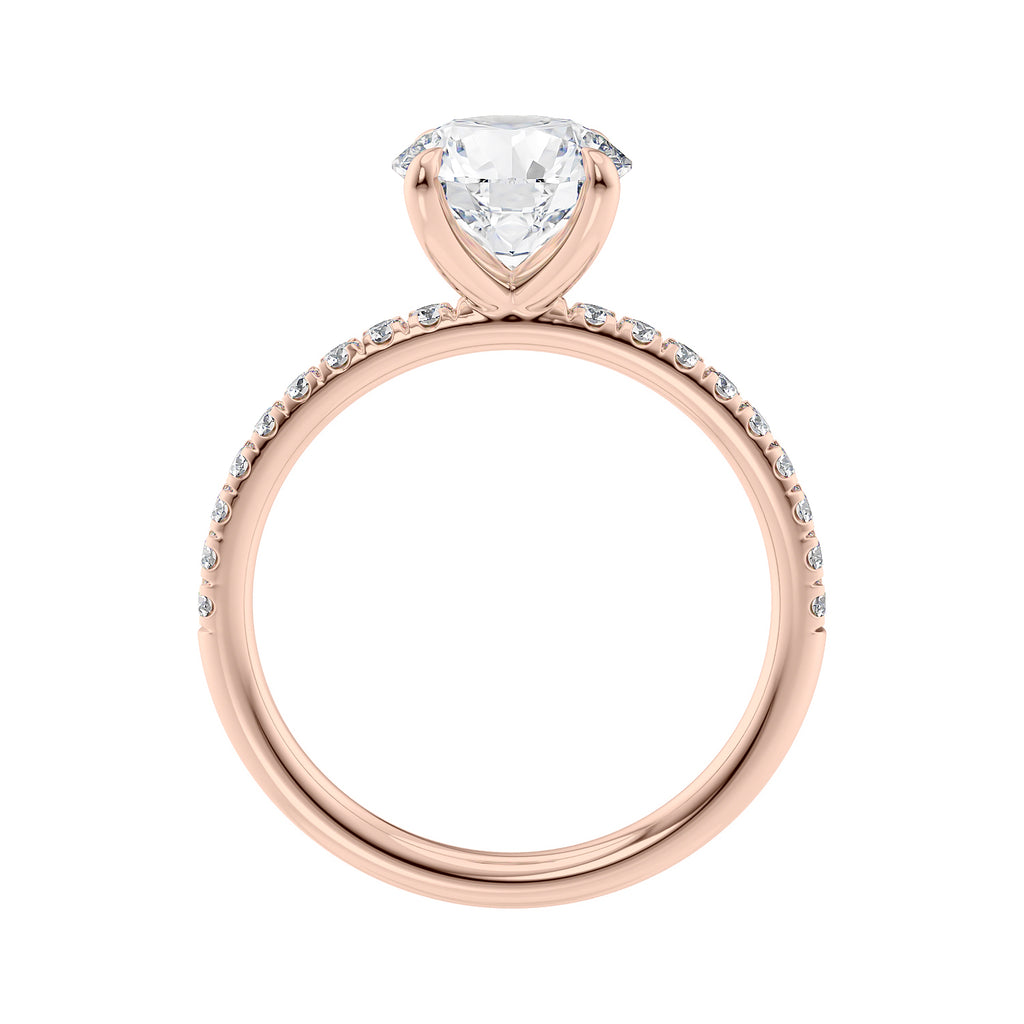 1.50 carat laboratory grown diamond solitaire engagement ring with diamond band rose gold side view.