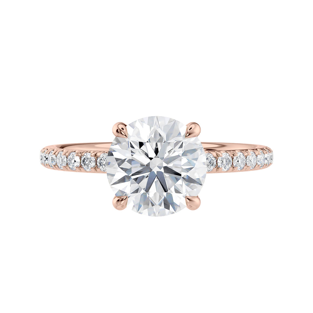 1.50 carat laboratory grown diamond solitaire engagement ring with diamond band rose gold front view.