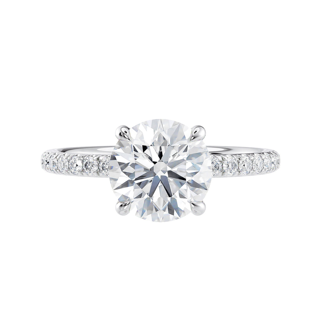 1.50 carat laboratory grown diamond solitaire engagement ring with diamond band white gold front view.