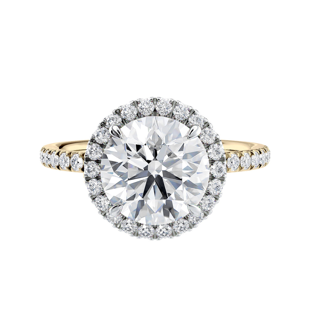 1.5ct lab grown diamond halo engagement ring with slim band gold front view.