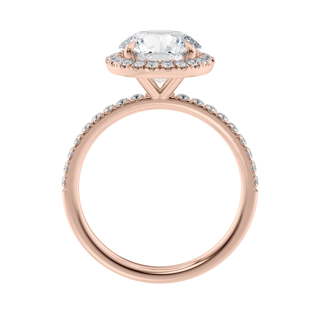1.5ct lab grown diamond halo engagement ring with slim band rose gold side view.
