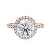 1.5ct lab grown diamond halo engagement ring with slim band rose gold front view.