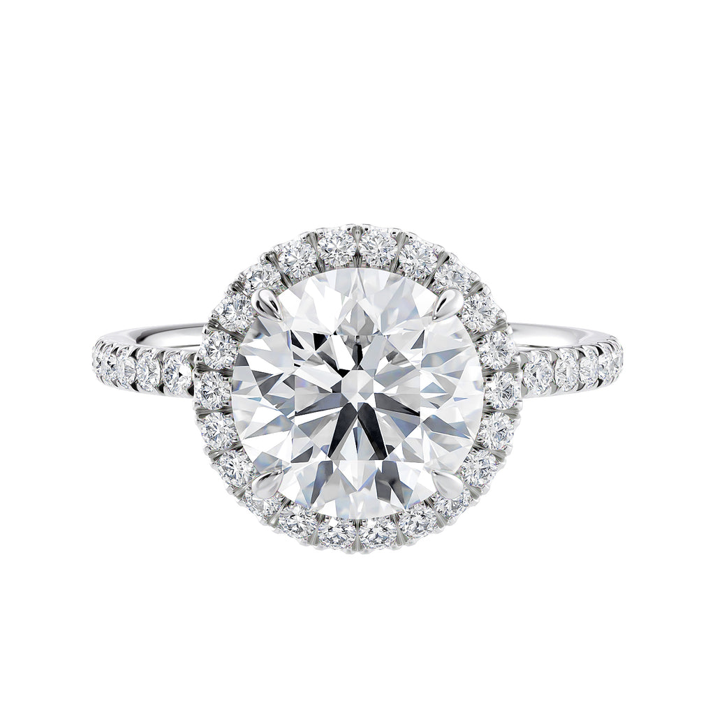 1.5ct lab grown diamond halo engagement ring with slim band white gold front view.