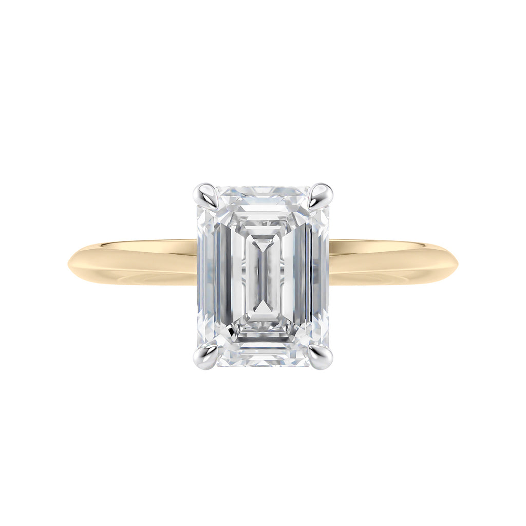 Emerald cut diamond hidden halo engagement ring 18ct gold front view.