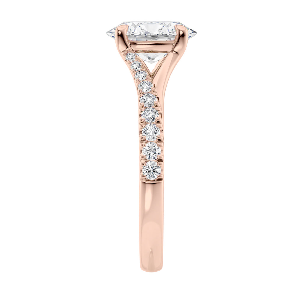 Oval diamond engagement ring with diamond set twist style band rose gold end view.