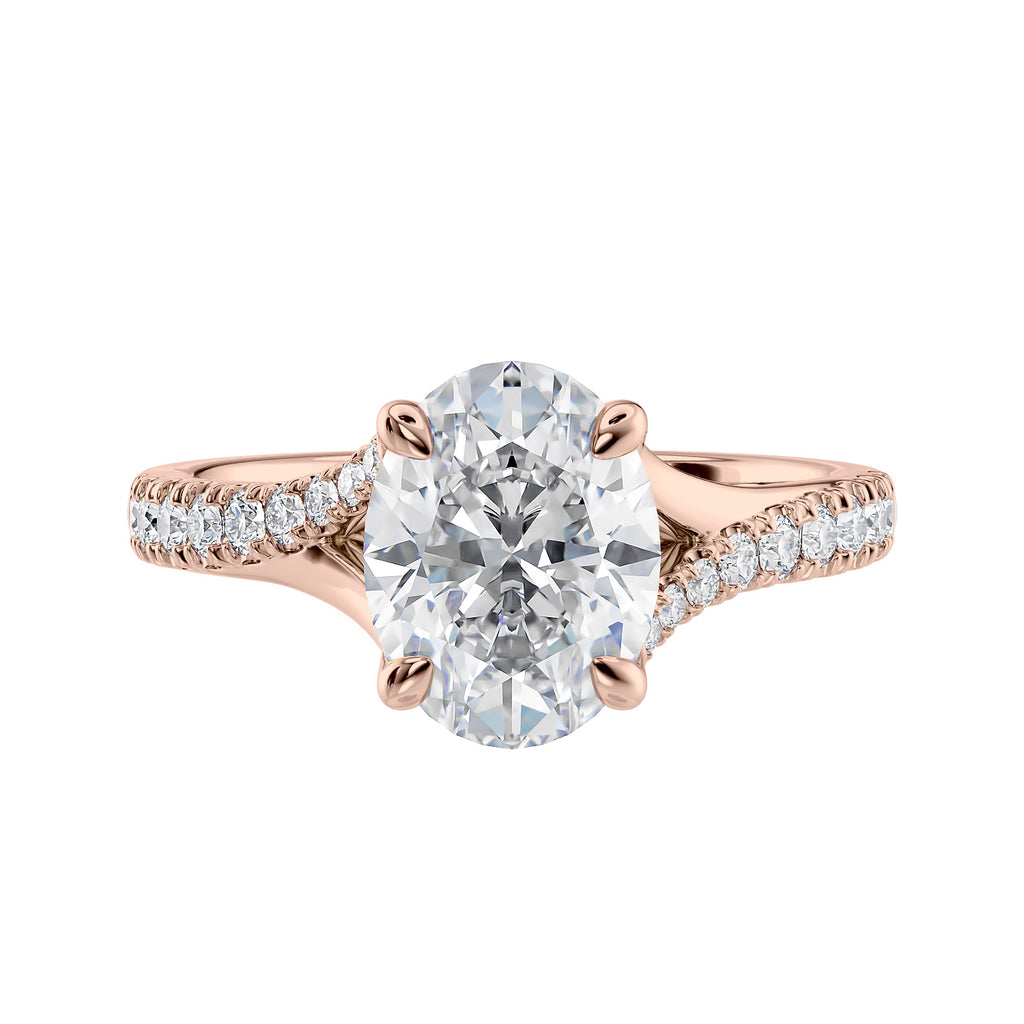 Oval diamond engagement ring with diamond set twist style band rose gold front view.