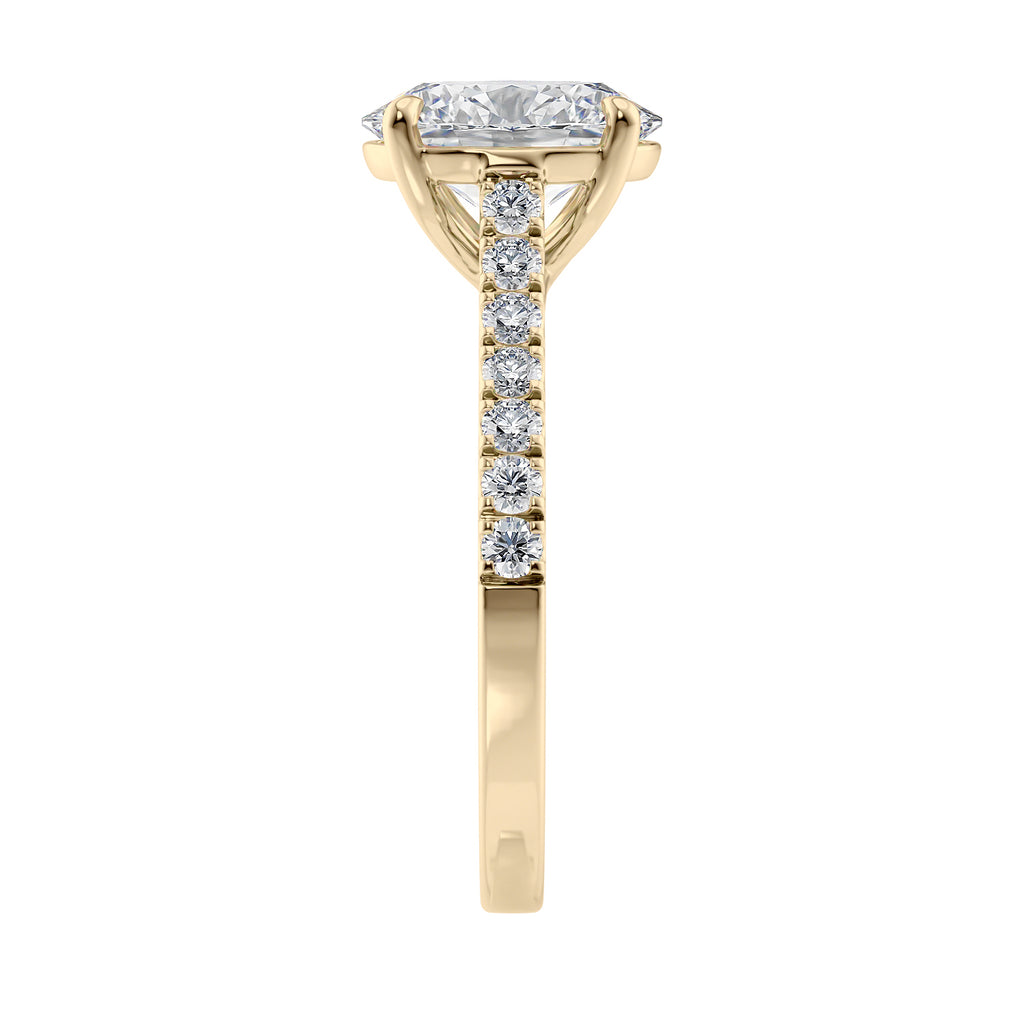 2ct oval solitaire with diamond band engagement ring gold end view.