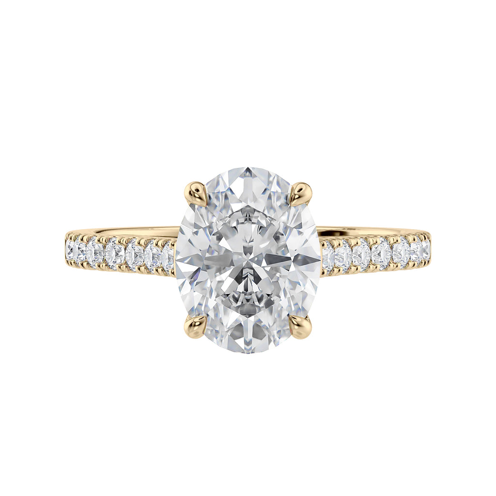 2ct oval solitaire with diamond band engagement ring gold front view.
