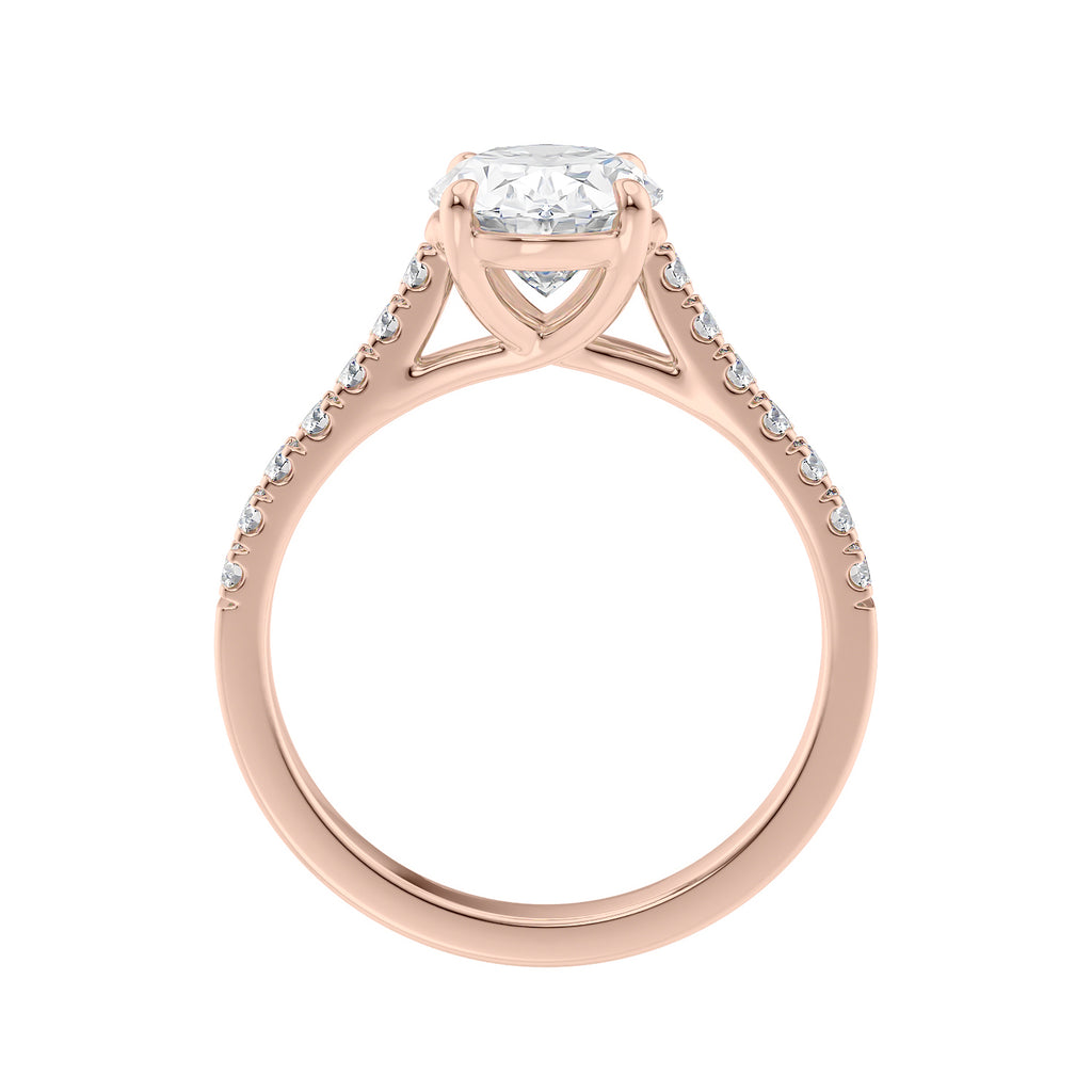 2ct oval solitaire with diamond band engagement ring rose gold side view.