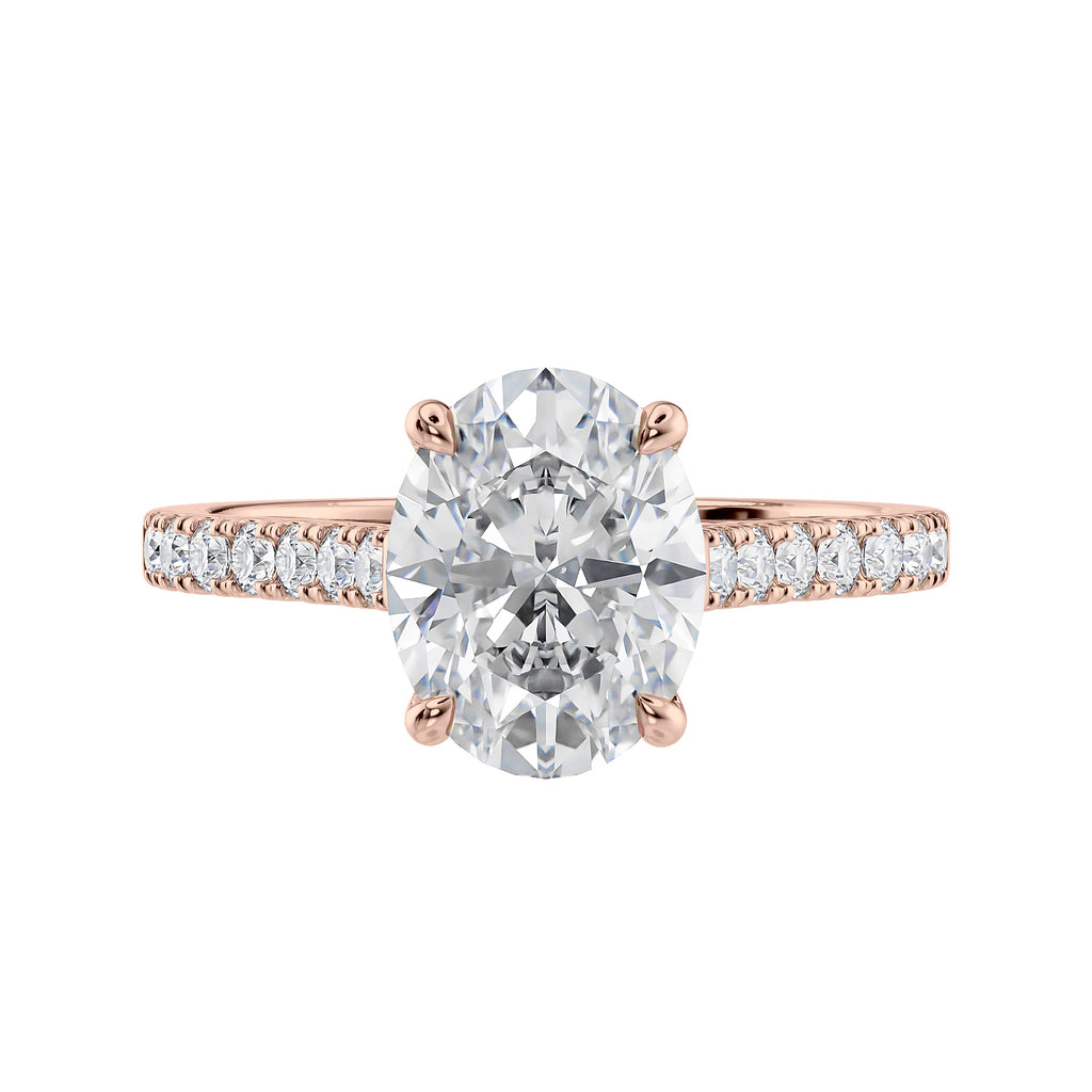 2ct oval solitaire with diamond band engagement ring rose gold front view.