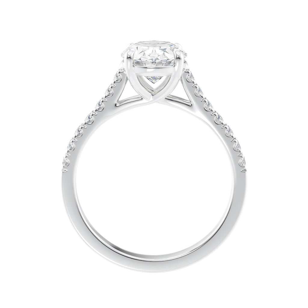 2ct oval solitaire with diamond band engagement ring white gold side view.