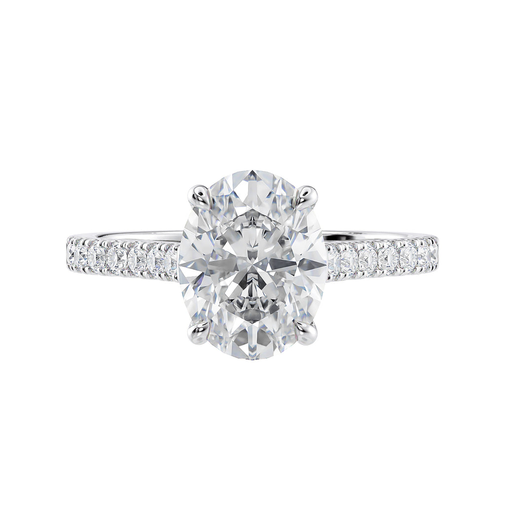 2ct oval solitaire with diamond band engagement ring white gold front view.