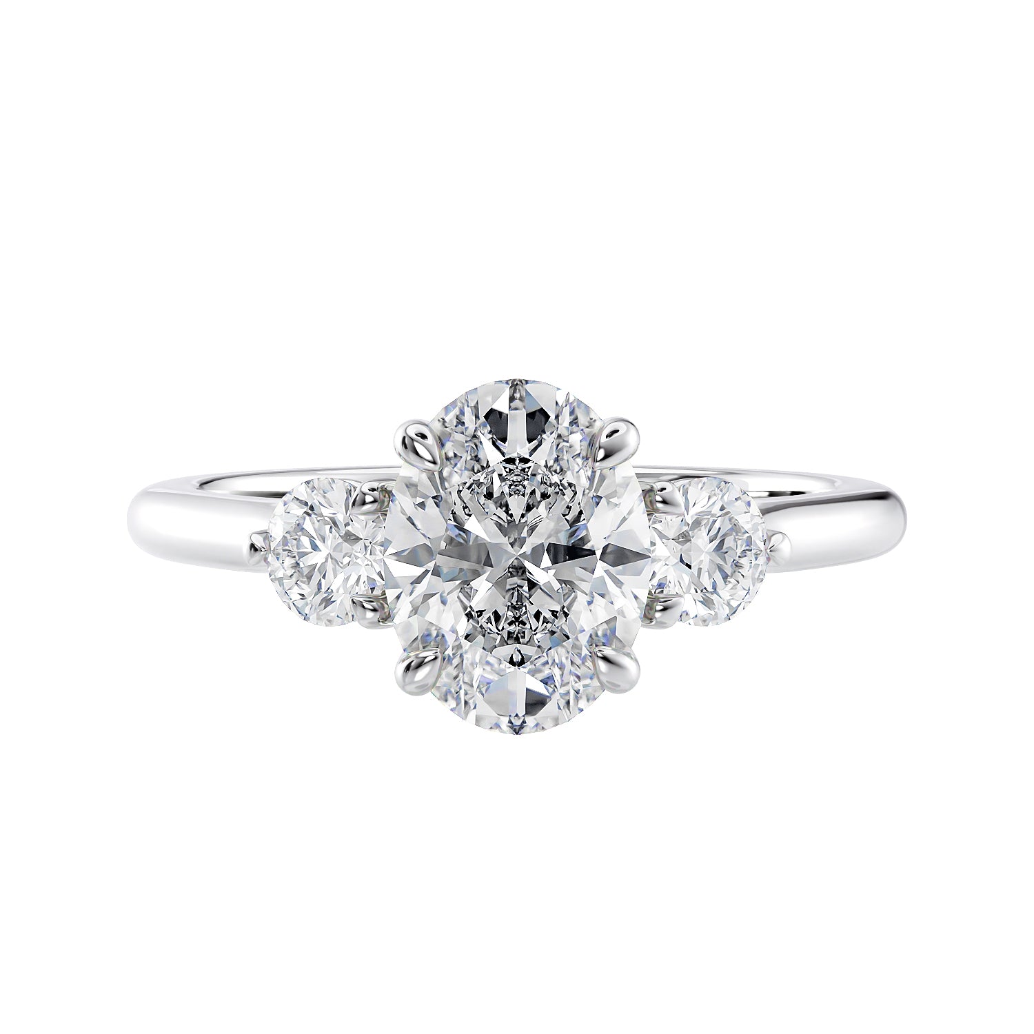 Oval diamond 3 stone engagement ring with small side diamonds 18ct white gold front view.
