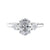 Oval diamond 3 stone engagement ring with small side diamonds 18ct white gold front view.