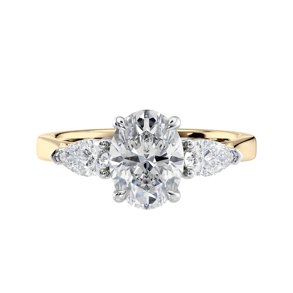Lab grown diamond Oval trilogy with pear cut sides 18ct gold front view.
