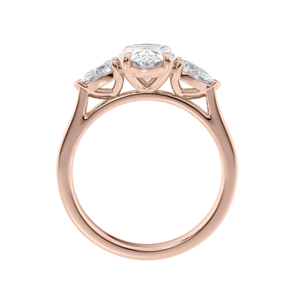 Lab grown diamond Oval trilogy with pear cut sides 18ct rose gold side view.