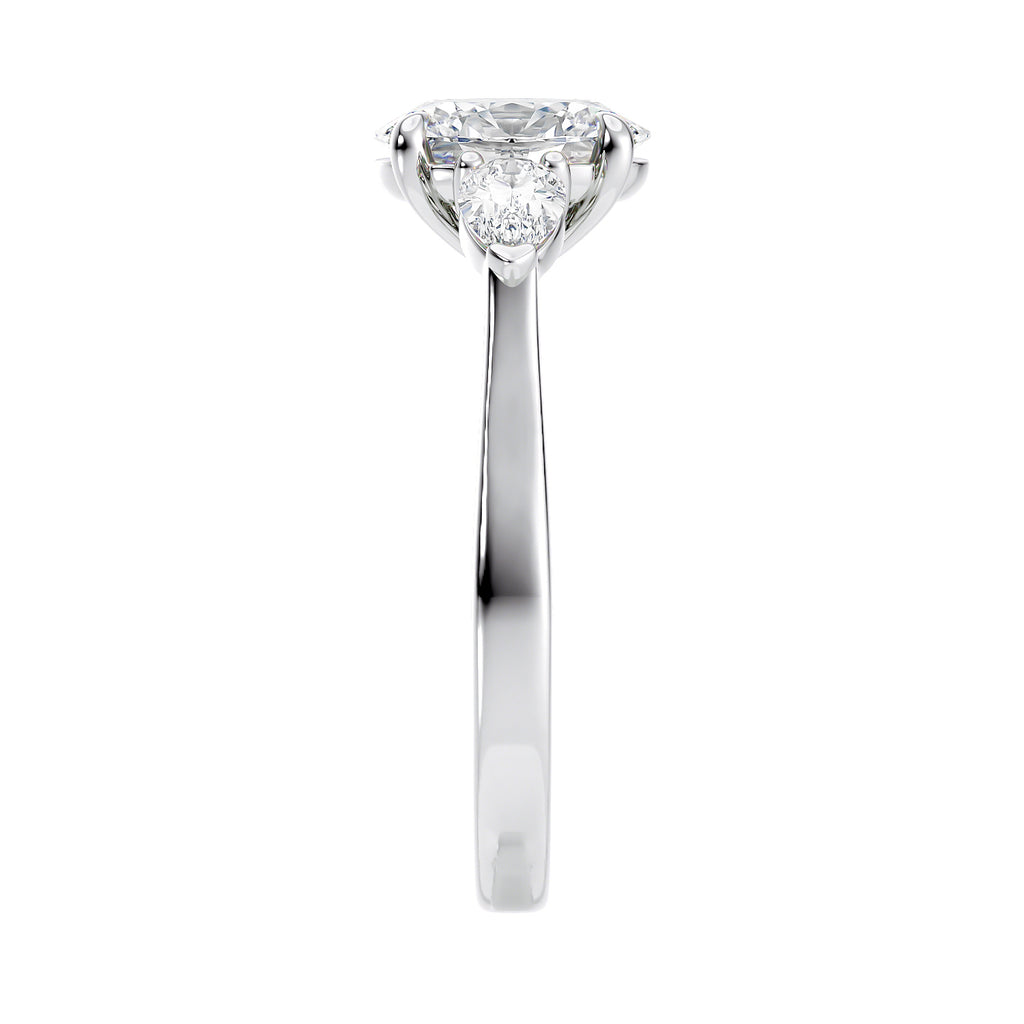 Lab grown diamond Oval trilogy with pear cut sides 18ct white gold end view.