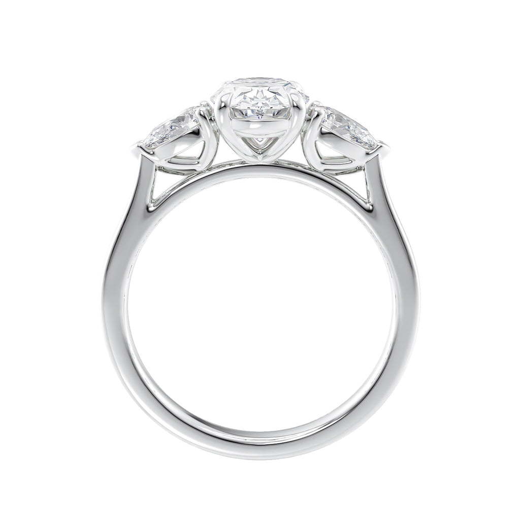 Lab grown diamond Oval trilogy with pear cut sides 18ct white gold side view.