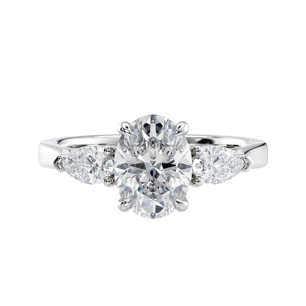 Lab grown diamond Oval trilogy with pear cut sides 18ct white gold front view.