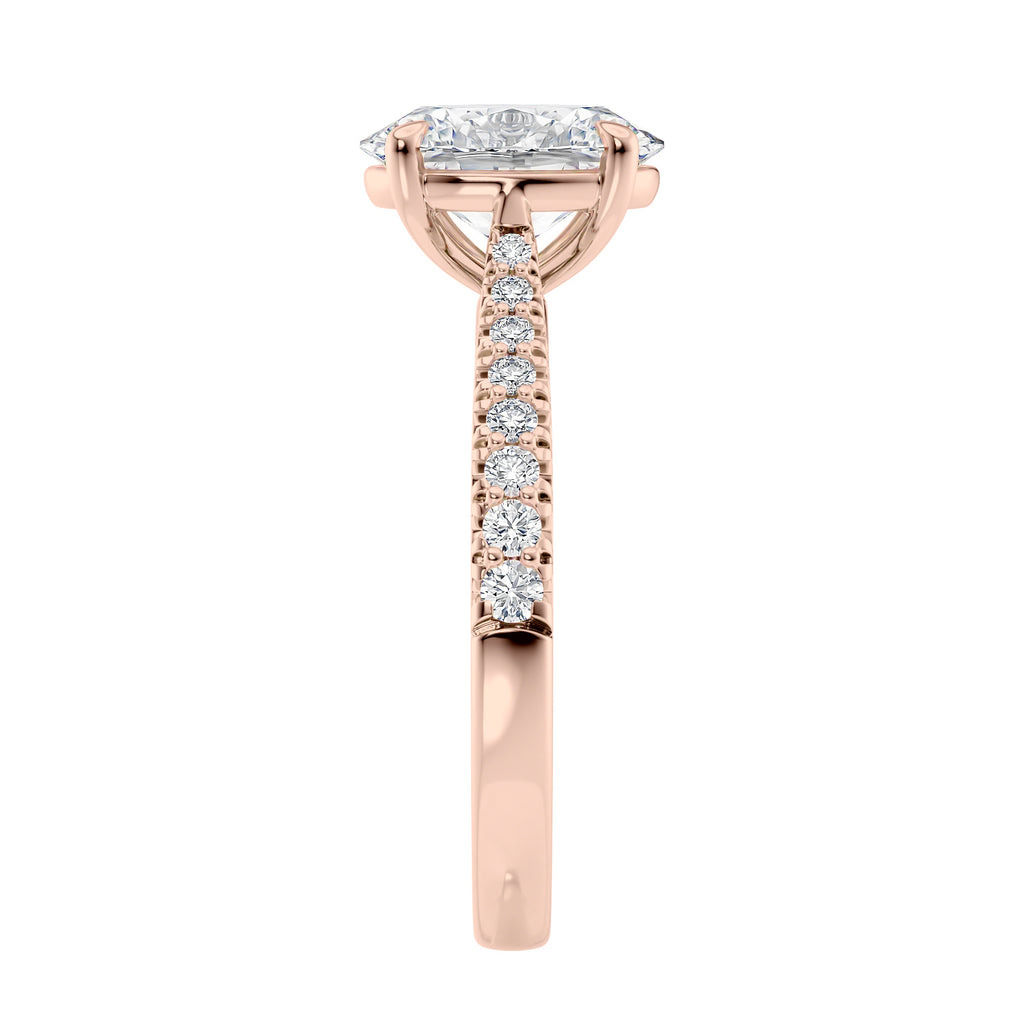 1 carat oval cut lab grown diamond engagement ring with castle set tapered diamond band rose gold end view.
