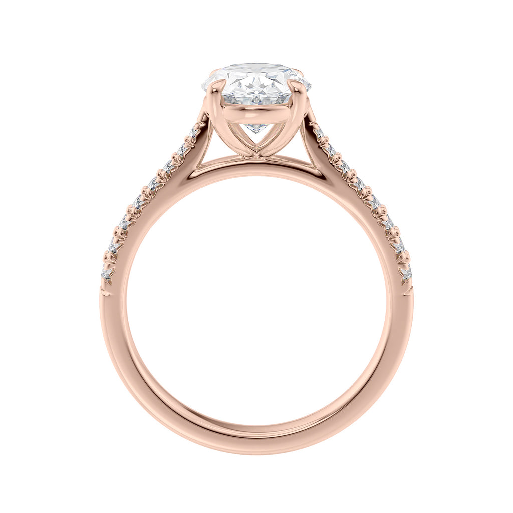 1 carat oval cut lab grown diamond engagement ring with castle set tapered diamond band rose gold side view.
