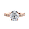 1 carat oval cut lab grown diamond engagement ring with castle set tapered diamond band rose gold front view.