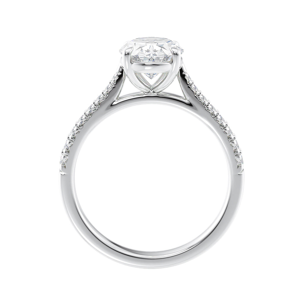 1 carat oval cut lab grown diamond engagement ring with castle set tapered diamond band white gold side view.