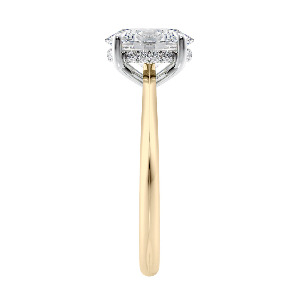 Lab grown diamond oval solitaire engagement ring with hidden halo 18ct gold end view.