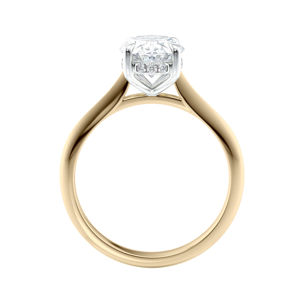 Lab grown diamond oval solitaire engagement ring with hidden halo 18ct gold side view.