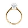 Lab grown diamond oval solitaire engagement ring with hidden halo 18ct gold side view.