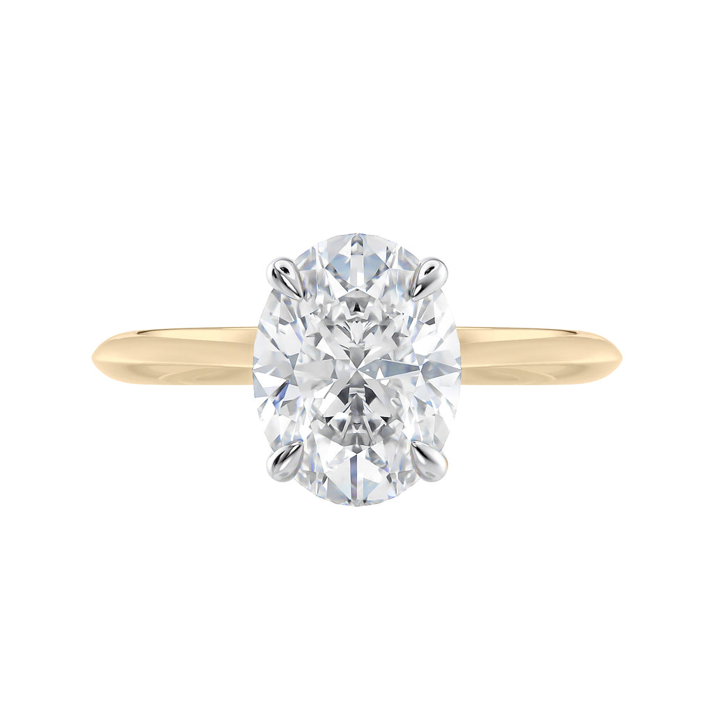 Lab grown diamond oval solitaire engagement ring with hidden halo 18ct gold front view.