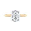 Lab grown diamond oval solitaire engagement ring with hidden halo 18ct gold front view.