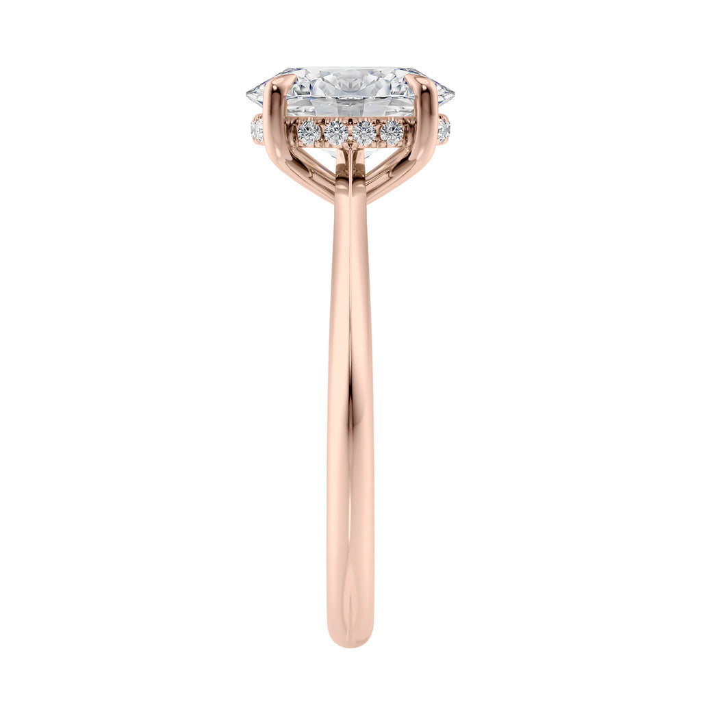Lab grown diamond oval solitaire engagement ring with hidden halo 18ct rose gold end view.