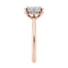 Lab grown diamond oval solitaire engagement ring with hidden halo 18ct rose gold end view.