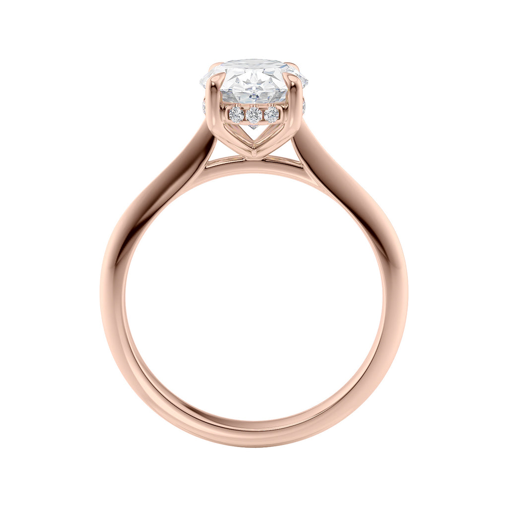Lab grown diamond oval solitaire engagement ring with hidden halo 18ct rose gold side view.