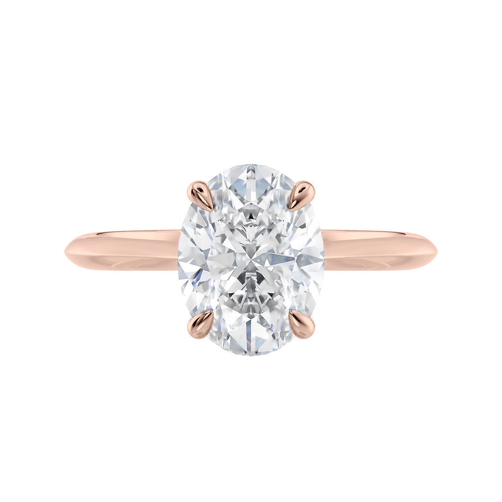 Lab grown diamond oval solitaire engagement ring with hidden halo 18ct rose gold front view.