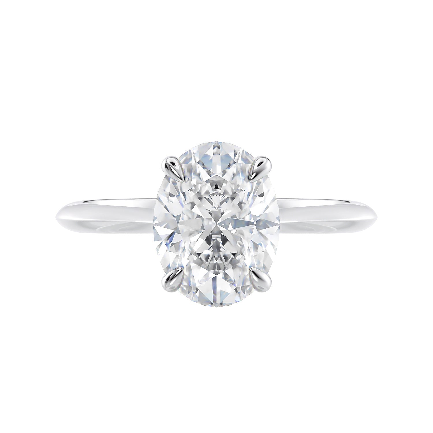 Lab grown diamond oval solitaire engagement ring with hidden halo white gold front view.