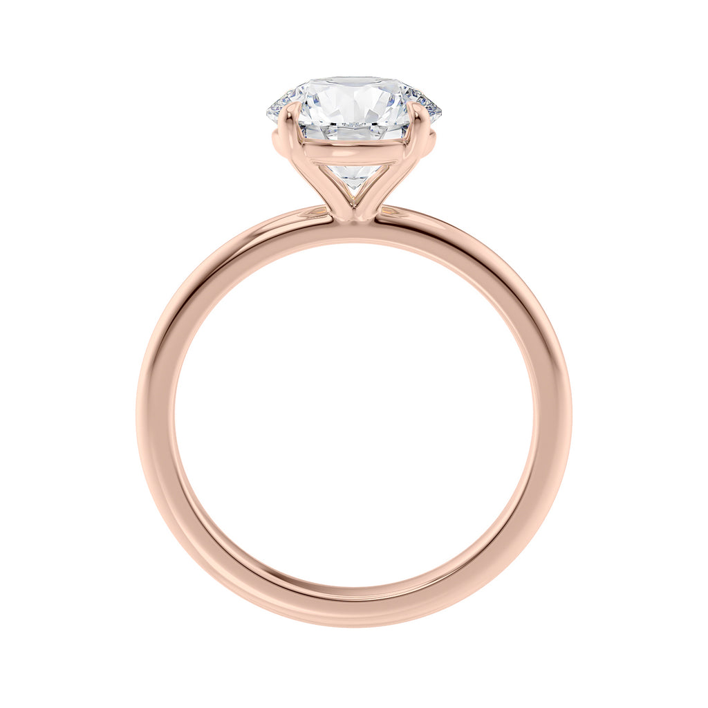Round brilliant solitaire natural diamond engagement ring with a rose gold band side view.