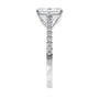 Emerald cut mined diamond engagement ring with castle set diamond band 18ct white gold end view.