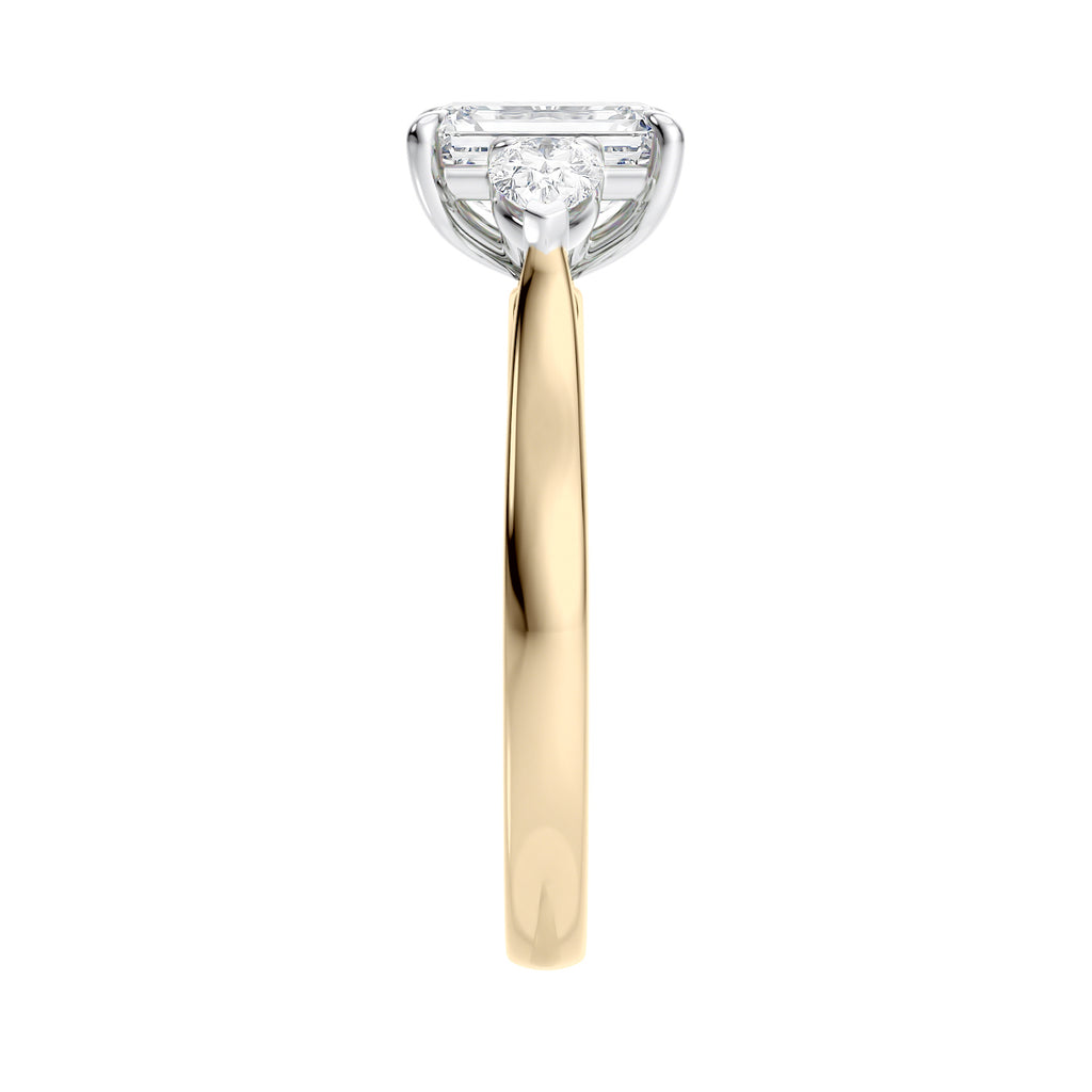 1 carat emerald cut with pear cut sides diamond engagement ring 18 carat gold end view.