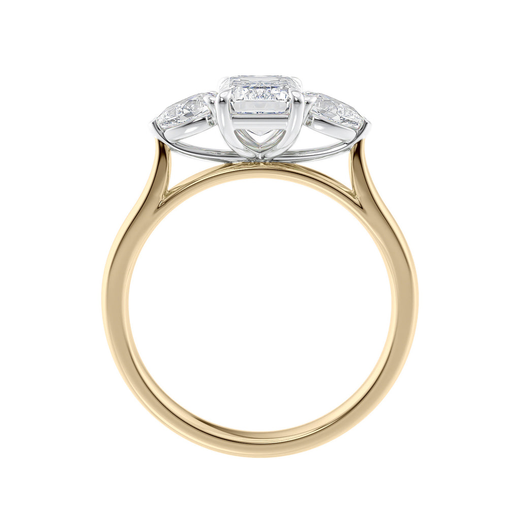 1 carat emerald cut with pear cut sides diamond engagement ring 18 carat gold side view.