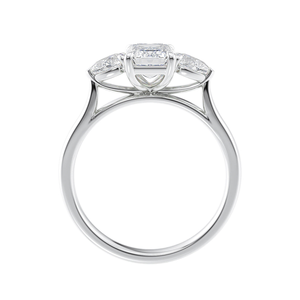 1 carat emerald cut with pear cut sides diamond engagement ring white gold side view.