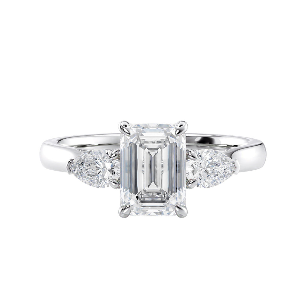 1 carat emerald cut with pear cut sides diamond engagement ring white gold front view.