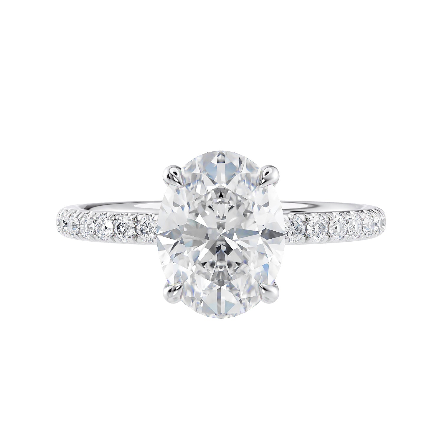 Oval diamond engagement ring with diamond band white gold front view.